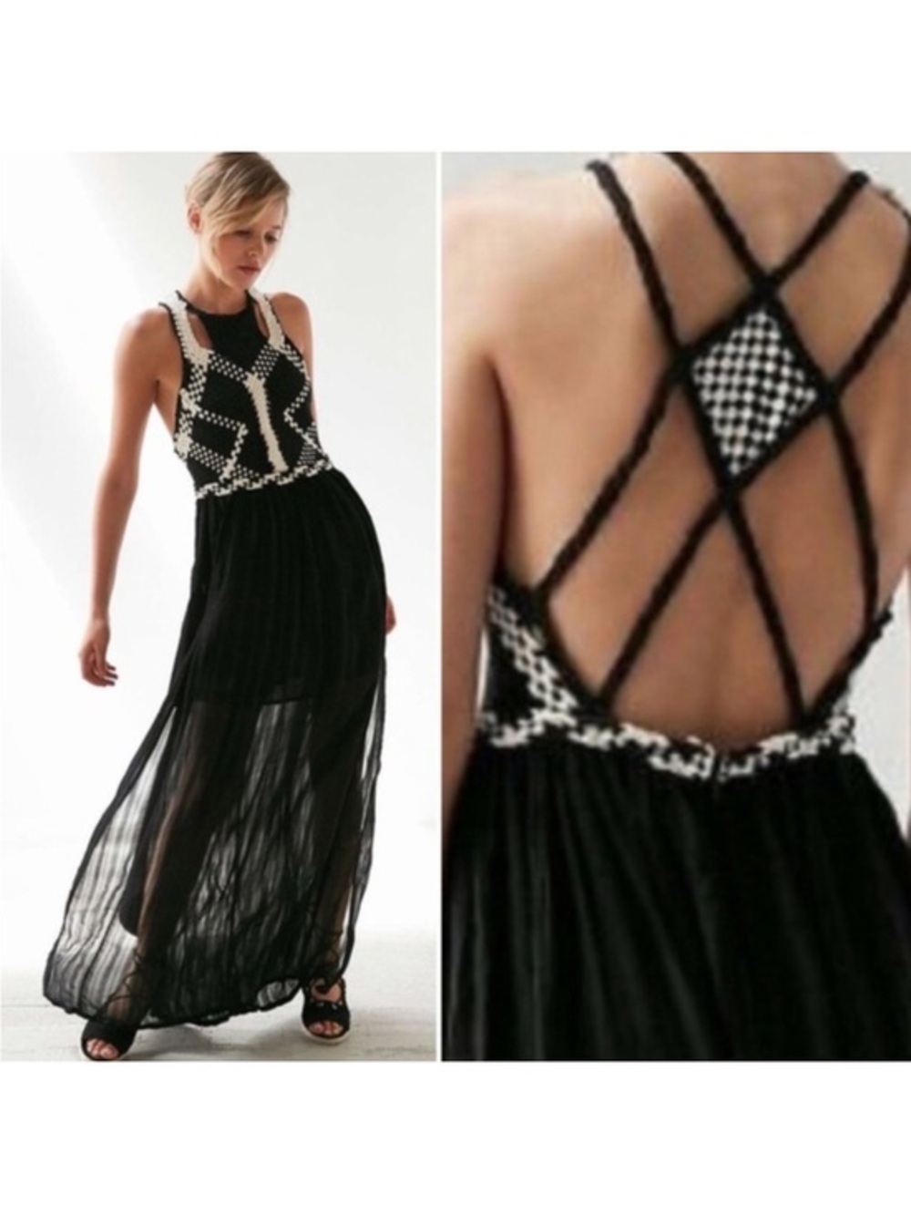 Urban Outfitters Pins & Needles Black and White Backless Maxi Dress size 6 NWT